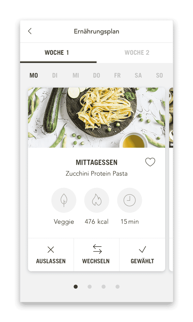FITNEXT Ernährungsplan Plan mit Mahlzeiten (Smartphone Ansicht Beispiel Tag)
